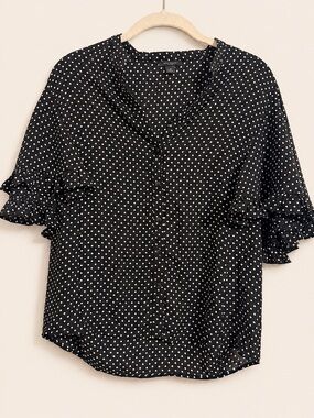 Ann Taylor Factory Black & White Polka Dot Ruffle Sleeve Blouse XS
